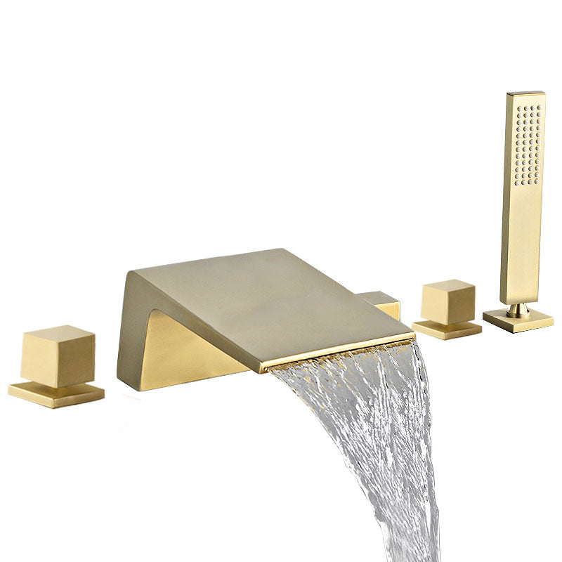 Modern Tub Spout Trim Copper Deck-Mount with Hand Shower and Handles Roman Tub Faucet Gold 5 Hole Faucets Clearhalo 'Bathroom Remodel & Bathroom Fixtures' 'Bathtub Faucets' 'bathtub_faucets' 'Home Improvement' 'home_improvement' 'home_improvement_bathtub_faucets' 7126707