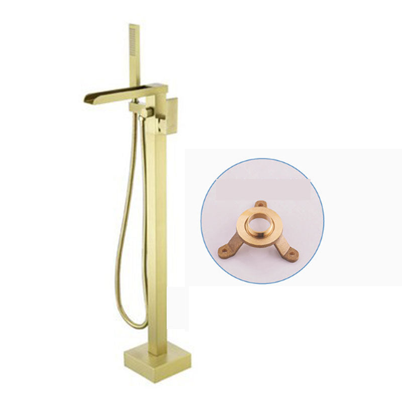 Modern Freestanding Tub Filler Trim Copper Floor Mounted with Handshower Bathroom Faucet Gold Open Decoration Clearhalo 'Bathroom Remodel & Bathroom Fixtures' 'Bathtub Faucets' 'bathtub_faucets' 'Home Improvement' 'home_improvement' 'home_improvement_bathtub_faucets' 7126747