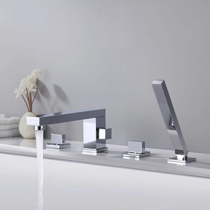 Modern Tub Filler Trim Copper with Hand Shower Deck-Mount Roman Tub Set Chrome Square Faucet 4 Hole Faucets Clearhalo 'Bathroom Remodel & Bathroom Fixtures' 'Bathtub Faucets' 'bathtub_faucets' 'Home Improvement' 'home_improvement' 'home_improvement_bathtub_faucets' 7126822