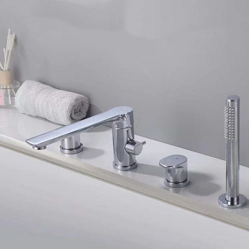 Modern Tub Filler Trim Copper with Hand Shower Deck-Mount Roman Tub Set Chrome Round Faucet 4 Hole Faucets Clearhalo 'Bathroom Remodel & Bathroom Fixtures' 'Bathtub Faucets' 'bathtub_faucets' 'Home Improvement' 'home_improvement' 'home_improvement_bathtub_faucets' 7126825