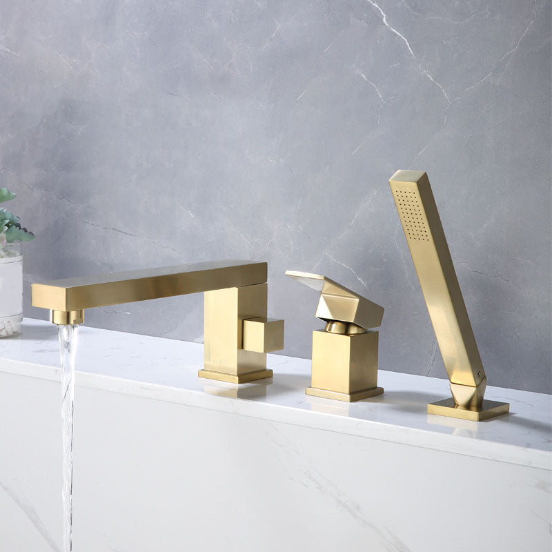 Modern Tub Filler Trim Copper with Hand Shower Deck-Mount Roman Tub Set Gold Square Faucet 3 Hole Faucets Clearhalo 'Bathroom Remodel & Bathroom Fixtures' 'Bathtub Faucets' 'bathtub_faucets' 'Home Improvement' 'home_improvement' 'home_improvement_bathtub_faucets' 7126828