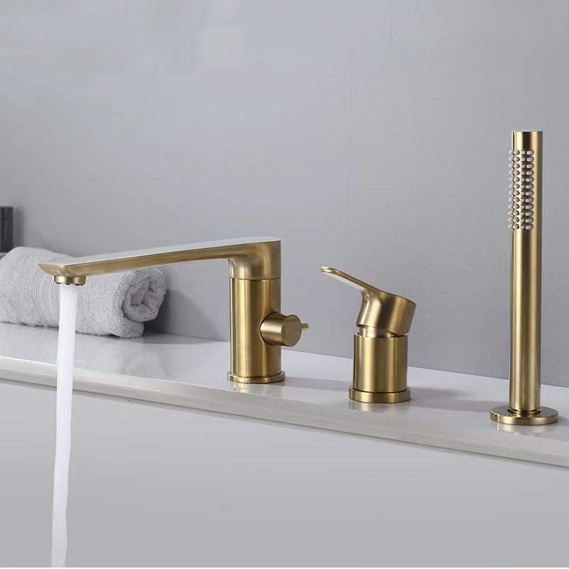 Modern Tub Filler Trim Copper with Hand Shower Deck-Mount Roman Tub Set Gold Round Faucet 3 Hole Faucets Clearhalo 'Bathroom Remodel & Bathroom Fixtures' 'Bathtub Faucets' 'bathtub_faucets' 'Home Improvement' 'home_improvement' 'home_improvement_bathtub_faucets' 7126830