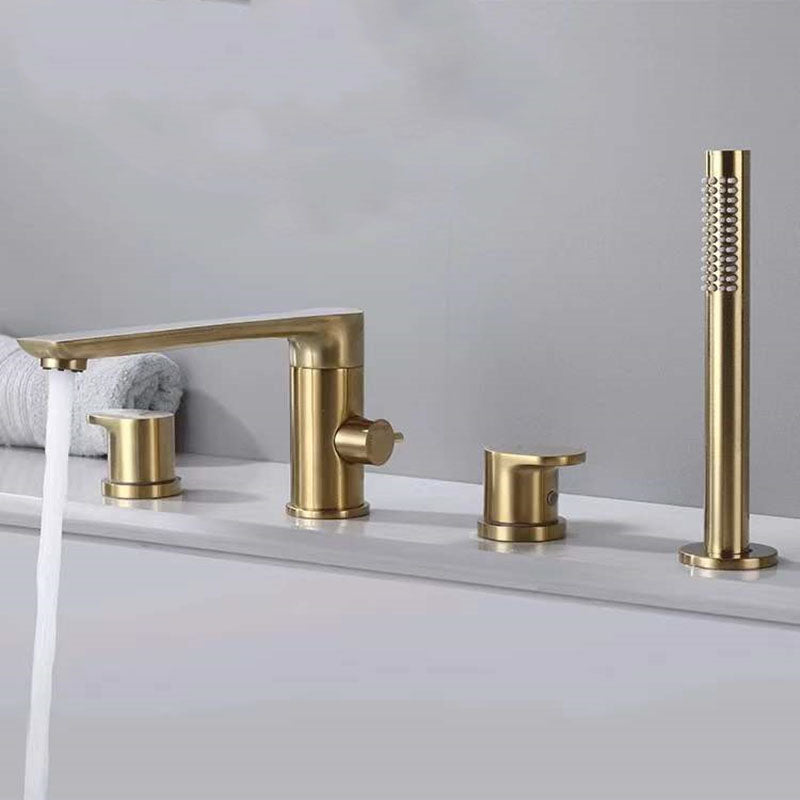 Modern Tub Filler Trim Copper with Hand Shower Deck-Mount Roman Tub Set Gold Round Faucet 4 Hole Faucets Clearhalo 'Bathroom Remodel & Bathroom Fixtures' 'Bathtub Faucets' 'bathtub_faucets' 'Home Improvement' 'home_improvement' 'home_improvement_bathtub_faucets' 7126831