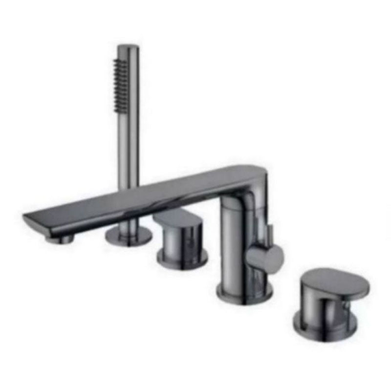Modern Tub Filler Trim Copper with Hand Shower Deck-Mount Roman Tub Set Gun Grey Round Faucet 4 Hole Faucets Clearhalo 'Bathroom Remodel & Bathroom Fixtures' 'Bathtub Faucets' 'bathtub_faucets' 'Home Improvement' 'home_improvement' 'home_improvement_bathtub_faucets' 7126837