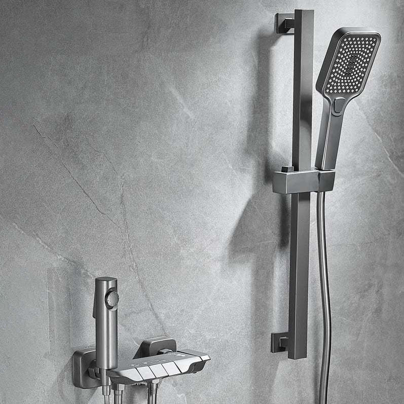 Push Button Shower System Wall Mount Handshower Square Shower System with Shower Hose Dark Gray Slide Bar Included Clearhalo 'Bathroom Remodel & Bathroom Fixtures' 'Home Improvement' 'home_improvement' 'home_improvement_shower_faucets' 'Shower Faucets & Systems' 'shower_faucets' 'Showers & Bathtubs Plumbing' 'Showers & Bathtubs' 7126863