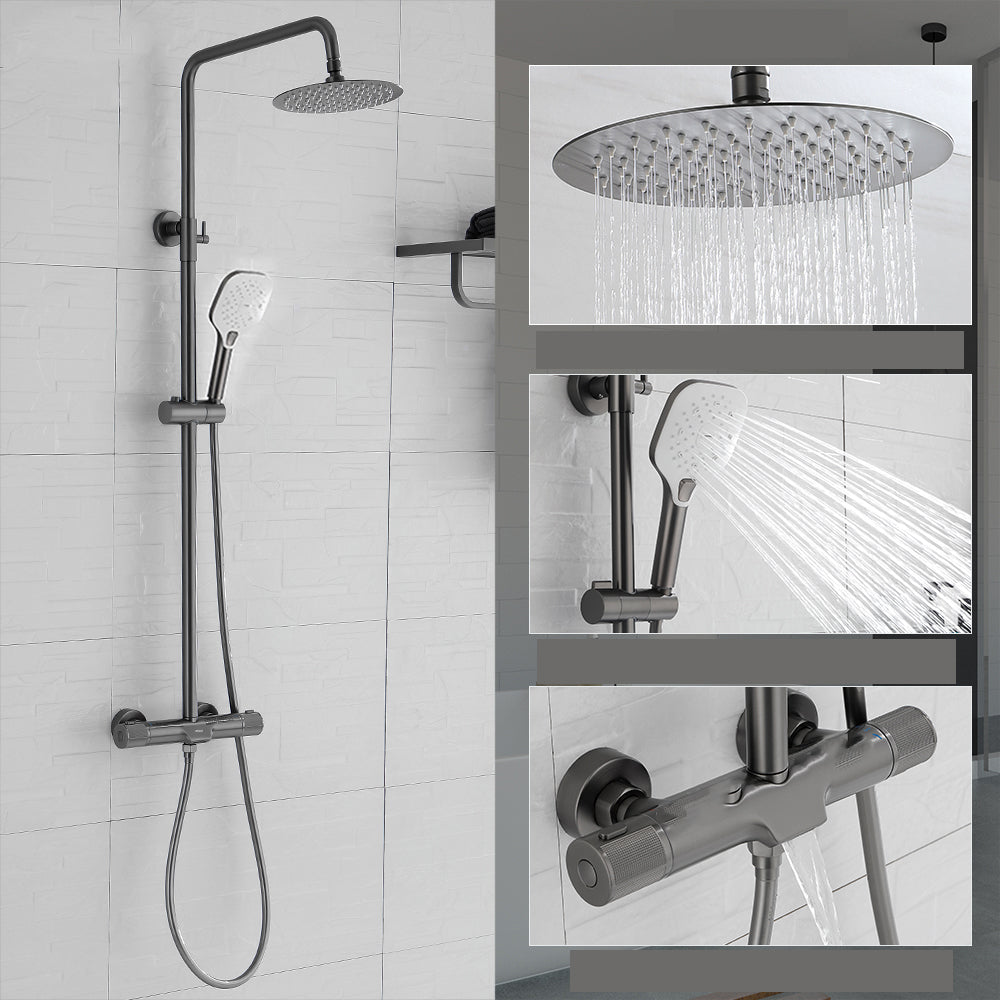 Wall Mounted Shower System Grey Knob Handle Shower System with Hand Shower 8" Square Rectangle Clearhalo 'Bathroom Remodel & Bathroom Fixtures' 'Home Improvement' 'home_improvement' 'home_improvement_shower_faucets' 'Shower Faucets & Systems' 'shower_faucets' 'Showers & Bathtubs Plumbing' 'Showers & Bathtubs' 7126885
