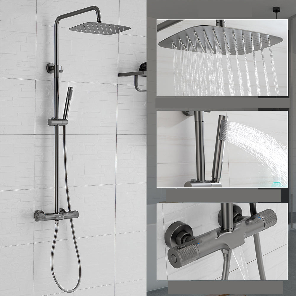 Wall Mounted Shower System Grey Knob Handle Shower System with Hand Shower 12" Round Clearhalo 'Bathroom Remodel & Bathroom Fixtures' 'Home Improvement' 'home_improvement' 'home_improvement_shower_faucets' 'Shower Faucets & Systems' 'shower_faucets' 'Showers & Bathtubs Plumbing' 'Showers & Bathtubs' 7126889