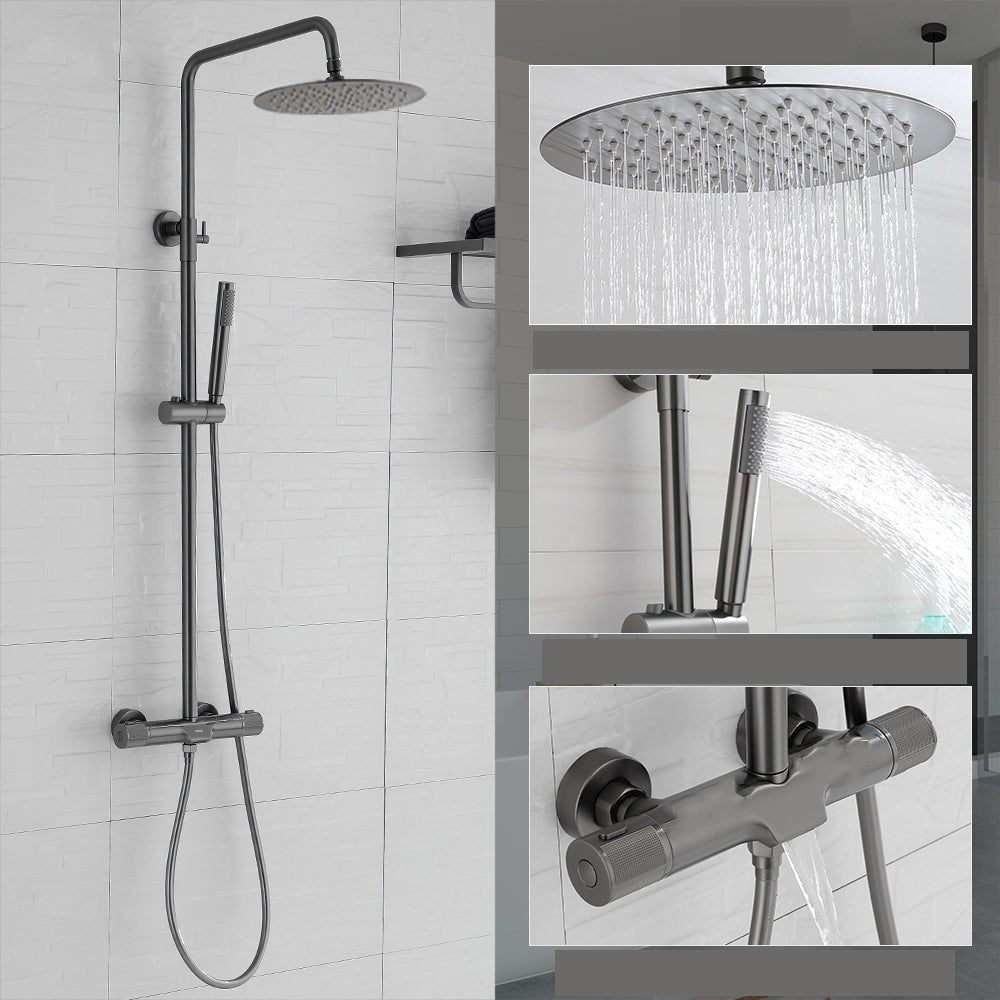 Wall Mounted Shower System Grey Knob Handle Shower System with Hand Shower 10" Round Clearhalo 'Bathroom Remodel & Bathroom Fixtures' 'Home Improvement' 'home_improvement' 'home_improvement_shower_faucets' 'Shower Faucets & Systems' 'shower_faucets' 'Showers & Bathtubs Plumbing' 'Showers & Bathtubs' 7126891