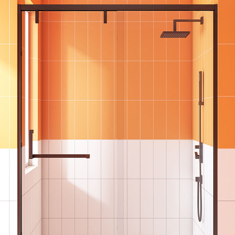 Narrow Edge Semi Frameless Shower Door Tempered Glass Single Sliding Shower Door Clearhalo 'Bathroom Remodel & Bathroom Fixtures' 'Home Improvement' 'home_improvement' 'home_improvement_shower_tub_doors' 'Shower and Tub Doors' 'shower_tub_doors' 'Showers & Bathtubs' 7128033