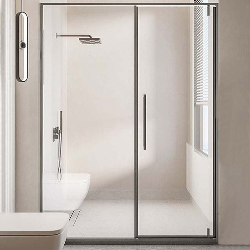 Black Full Frame One-line Pivot Door, Tempered Glass Shower Door Clearhalo 'Bathroom Remodel & Bathroom Fixtures' 'Home Improvement' 'home_improvement' 'home_improvement_shower_tub_doors' 'Shower and Tub Doors' 'shower_tub_doors' 'Showers & Bathtubs' 7128089