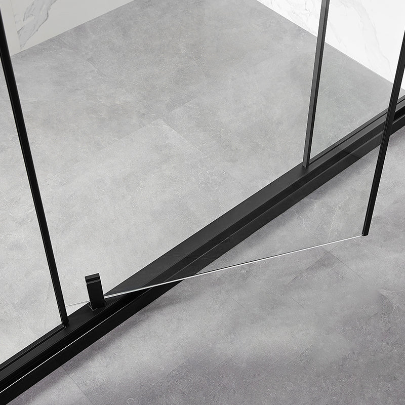 Black Full Frame One-line Pivot Door, Tempered Glass Shower Door Clearhalo 'Bathroom Remodel & Bathroom Fixtures' 'Home Improvement' 'home_improvement' 'home_improvement_shower_tub_doors' 'Shower and Tub Doors' 'shower_tub_doors' 'Showers & Bathtubs' 7128092