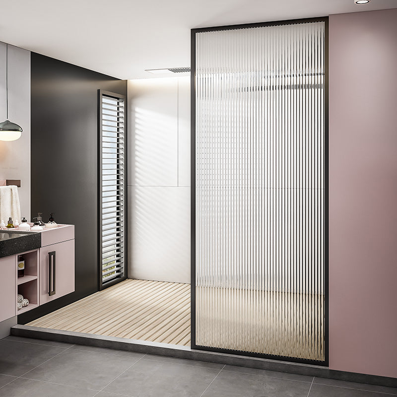 Black Full Frame One-shaped Fixed Semi-partition Shower Screen Clearhalo 'Bathroom Remodel & Bathroom Fixtures' 'Home Improvement' 'home_improvement' 'home_improvement_shower_tub_doors' 'Shower and Tub Doors' 'shower_tub_doors' 'Showers & Bathtubs' 7128119