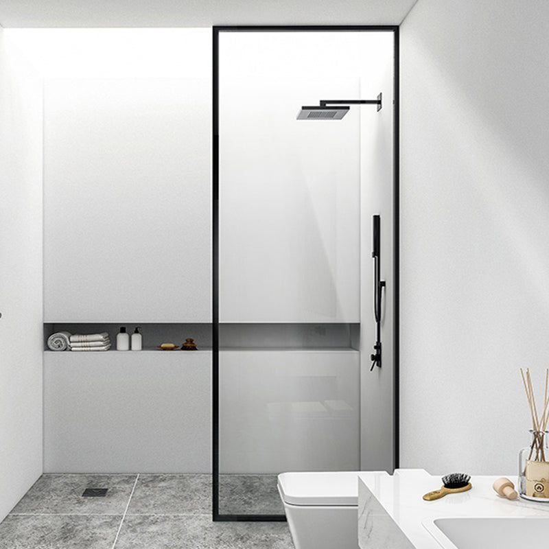 Black Full Frame One-shaped Fixed Semi-partition Shower Screen Transparent Clearhalo 'Bathroom Remodel & Bathroom Fixtures' 'Home Improvement' 'home_improvement' 'home_improvement_shower_tub_doors' 'Shower and Tub Doors' 'shower_tub_doors' 'Showers & Bathtubs' 7128120