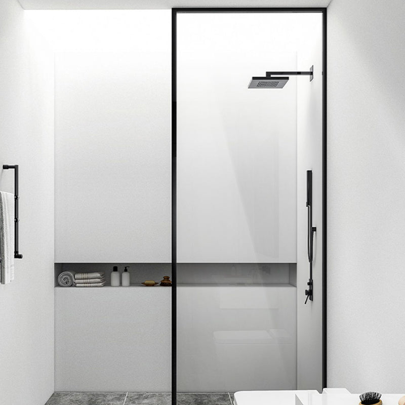 Black Full Frame One-shaped Fixed Semi-partition Shower Screen Clearhalo 'Bathroom Remodel & Bathroom Fixtures' 'Home Improvement' 'home_improvement' 'home_improvement_shower_tub_doors' 'Shower and Tub Doors' 'shower_tub_doors' 'Showers & Bathtubs' 7128123