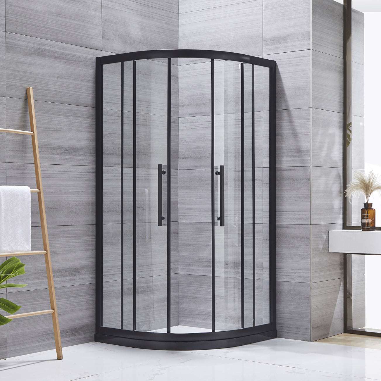 Neo-round Double Sliding Shower Enclosure Black Frame Shower Kit Clearhalo 'Bathroom Remodel & Bathroom Fixtures' 'Home Improvement' 'home_improvement' 'home_improvement_shower_stalls_enclosures' 'Shower Stalls & Enclosures' 'shower_stalls_enclosures' 'Showers & Bathtubs' 7128622