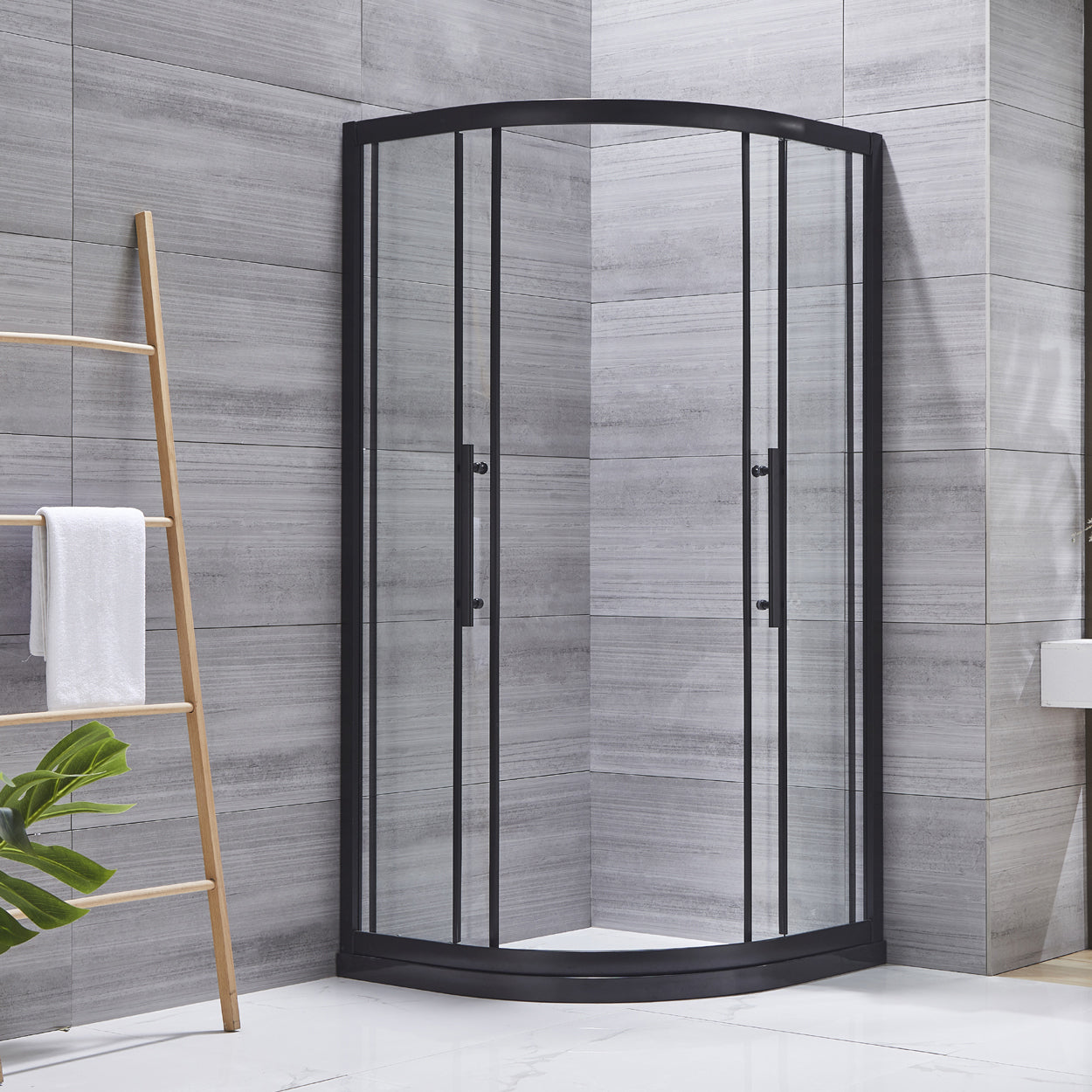 Neo-round Double Sliding Shower Enclosure Black Frame Shower Kit Clearhalo 'Bathroom Remodel & Bathroom Fixtures' 'Home Improvement' 'home_improvement' 'home_improvement_shower_stalls_enclosures' 'Shower Stalls & Enclosures' 'shower_stalls_enclosures' 'Showers & Bathtubs' 7128623