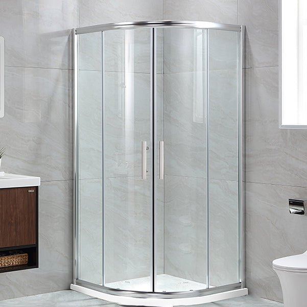 Semi-Frameless Double Sliding Shower Enclosure with Double Handles Silver Clearhalo 'Bathroom Remodel & Bathroom Fixtures' 'Home Improvement' 'home_improvement' 'home_improvement_shower_stalls_enclosures' 'Shower Stalls & Enclosures' 'shower_stalls_enclosures' 'Showers & Bathtubs' 7128640