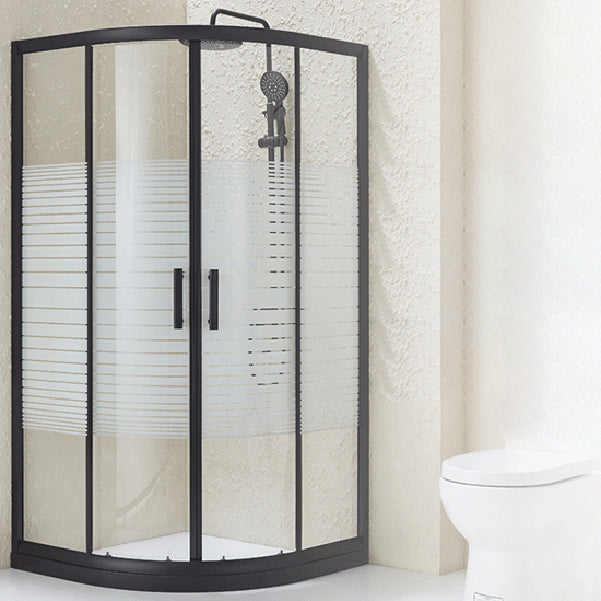 Black Framed Shower Kit Double Sliding Rounded Shower Kit with 2 Door Handle Striped Clearhalo 'Bathroom Remodel & Bathroom Fixtures' 'Home Improvement' 'home_improvement' 'home_improvement_shower_stalls_enclosures' 'Shower Stalls & Enclosures' 'shower_stalls_enclosures' 'Showers & Bathtubs' 7128834
