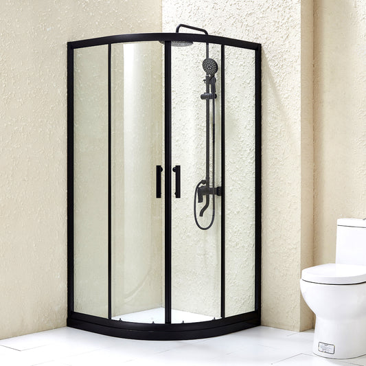 Black Framed Shower Kit Double Sliding Rounded Shower Kit with 2 Door Handle Clearhalo 'Bathroom Remodel & Bathroom Fixtures' 'Home Improvement' 'home_improvement' 'home_improvement_shower_stalls_enclosures' 'Shower Stalls & Enclosures' 'shower_stalls_enclosures' 'Showers & Bathtubs' 7128835