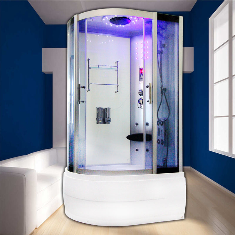 Round Double Sliding Tub & Shower Kit Corner Tempered Glass Tub & Shower Kit 43"L x 31"W x 85"H Left Black White Clearhalo 'Bathroom Remodel & Bathroom Fixtures' 'Home Improvement' 'home_improvement' 'home_improvement_shower_stalls_enclosures' 'Shower Stalls & Enclosures' 'shower_stalls_enclosures' 'Showers & Bathtubs' 7128983