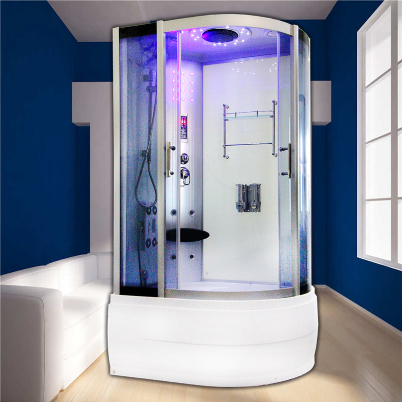 Round Double Sliding Tub & Shower Kit Corner Tempered Glass Tub & Shower Kit 43"L x 31"W x 85"H Right Black White Clearhalo 'Bathroom Remodel & Bathroom Fixtures' 'Home Improvement' 'home_improvement' 'home_improvement_shower_stalls_enclosures' 'Shower Stalls & Enclosures' 'shower_stalls_enclosures' 'Showers & Bathtubs' 7128984