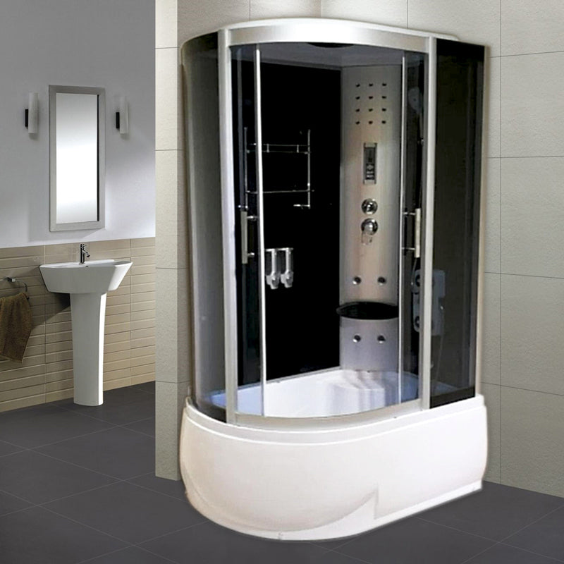 Round Double Sliding Tub & Shower Kit Corner Tempered Glass Tub & Shower Kit 47.2"L x 31.5"W x 84.6"H Left Black Clearhalo 'Bathroom Remodel & Bathroom Fixtures' 'Home Improvement' 'home_improvement' 'home_improvement_shower_stalls_enclosures' 'Shower Stalls & Enclosures' 'shower_stalls_enclosures' 'Showers & Bathtubs' 7128986