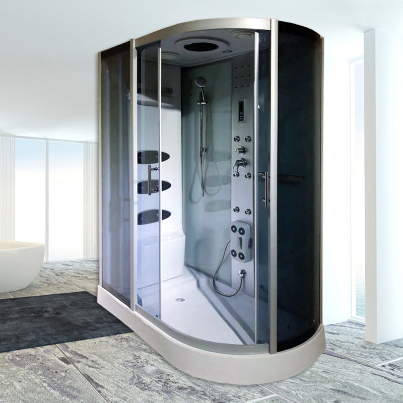 Round Double Sliding Tub & Shower Kit Corner Tempered Glass Tub & Shower Kit 59"L x 33"W x 87"H Right Black White Clearhalo 'Bathroom Remodel & Bathroom Fixtures' 'Home Improvement' 'home_improvement' 'home_improvement_shower_stalls_enclosures' 'Shower Stalls & Enclosures' 'shower_stalls_enclosures' 'Showers & Bathtubs' 7128991