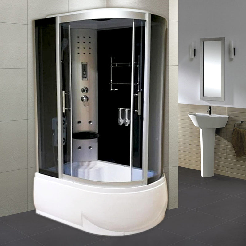Round Double Sliding Tub & Shower Kit Corner Tempered Glass Tub & Shower Kit 47.2"L x 31.5"W x 84.6"H Right Black Clearhalo 'Bathroom Remodel & Bathroom Fixtures' 'Home Improvement' 'home_improvement' 'home_improvement_shower_stalls_enclosures' 'Shower Stalls & Enclosures' 'shower_stalls_enclosures' 'Showers & Bathtubs' 7128992