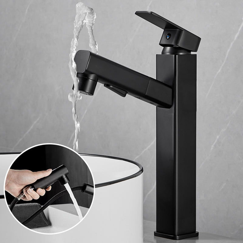 Bathroom Vessel Faucet Swivel Spout Single Handle Faucet with Pull down Sprayer Black 11.7" Square Clearhalo 'Bathroom Remodel & Bathroom Fixtures' 'Bathroom Sink Faucets' 'Bathroom Sinks & Faucet Components' 'bathroom_sink_faucets' 'Home Improvement' 'home_improvement' 'home_improvement_bathroom_sink_faucets' 7132864