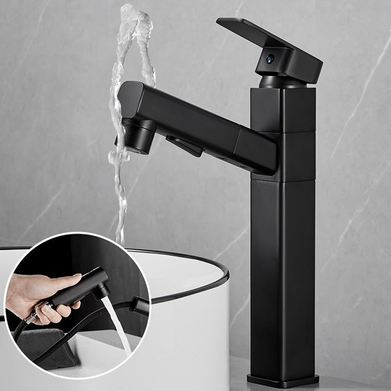 Bathroom Vessel Faucet Swivel Spout Single Handle Faucet with Pull down Sprayer Black 11.7" Square Swivel Faucet Clearhalo 'Bathroom Remodel & Bathroom Fixtures' 'Bathroom Sink Faucets' 'Bathroom Sinks & Faucet Components' 'bathroom_sink_faucets' 'Home Improvement' 'home_improvement' 'home_improvement_bathroom_sink_faucets' 7132867