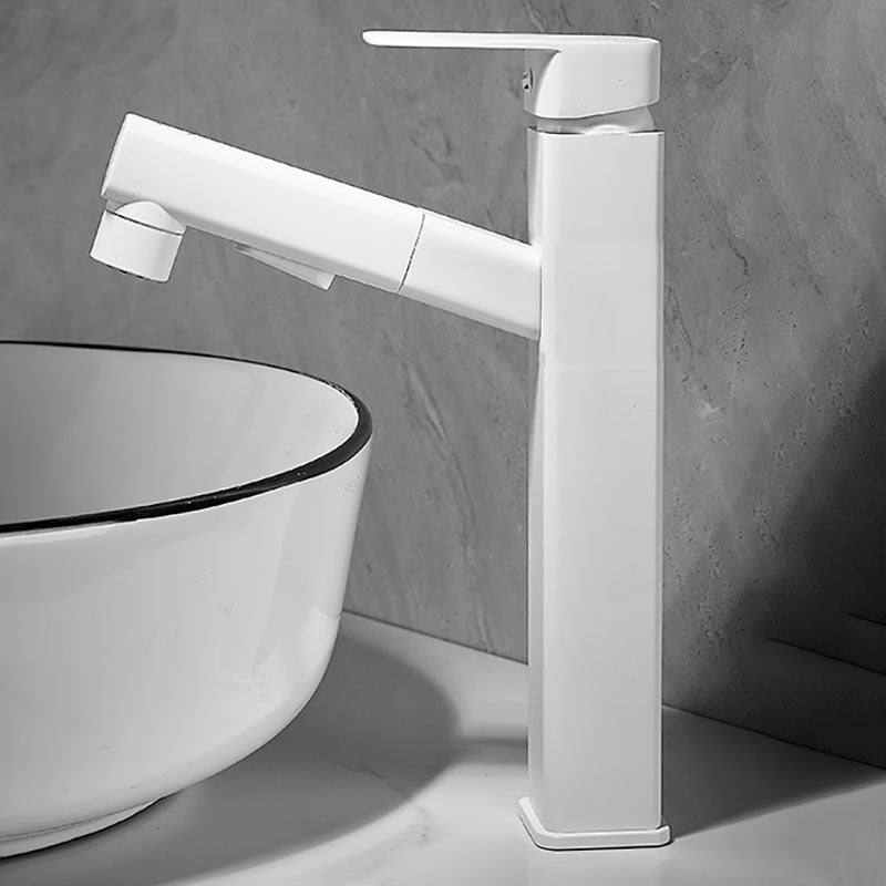 Bathroom Vessel Faucet Swivel Spout Single Handle Faucet with Pull down Sprayer White 11.7" Square Clearhalo 'Bathroom Remodel & Bathroom Fixtures' 'Bathroom Sink Faucets' 'Bathroom Sinks & Faucet Components' 'bathroom_sink_faucets' 'Home Improvement' 'home_improvement' 'home_improvement_bathroom_sink_faucets' 7132888