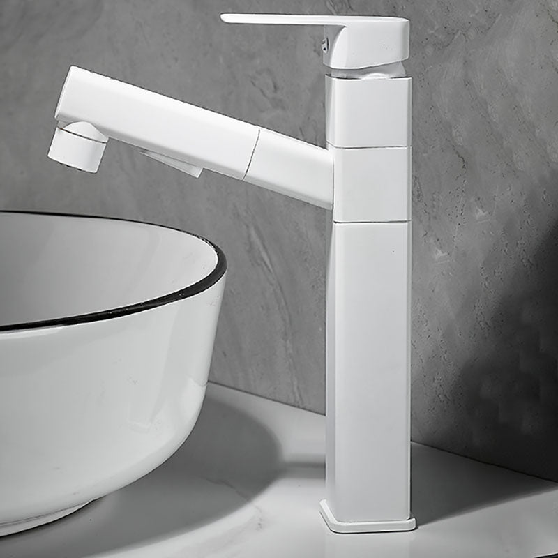 Bathroom Vessel Faucet Swivel Spout Single Handle Faucet with Pull down Sprayer White 11.7" Square Swivel Faucet Clearhalo 'Bathroom Remodel & Bathroom Fixtures' 'Bathroom Sink Faucets' 'Bathroom Sinks & Faucet Components' 'bathroom_sink_faucets' 'Home Improvement' 'home_improvement' 'home_improvement_bathroom_sink_faucets' 7132890