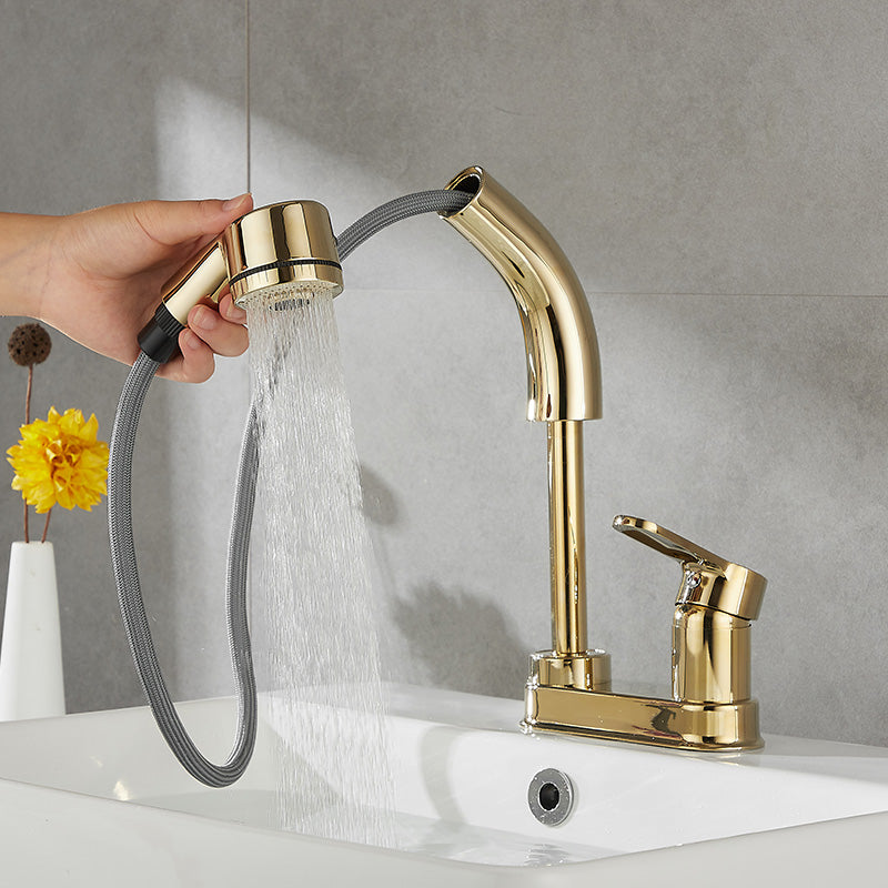 Modern Vessel Sink Bathroom Faucet Swivel Spout 2 Hole Faucets with Pull down Sprayer Dorado Clearhalo 'bathroom_sink_faucets' 'Conjunta de Baño y Conjunta de Grifo' 'Coronamiento de Baño y Dispositivo de Baño' 'Grifo del lavabo del baño' 'Hogar' 'home_improvement' 'home_improvement_bathroom_sink_faucets' 'Mejoras para el hogar' 7132908