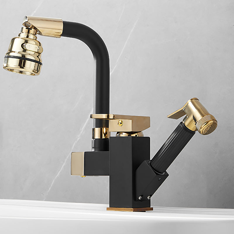 Luxury Vessel Sink Faucet Single Handle Swivel Spout with Side Spray Black-Gold 10.6" Square Clearhalo 'Bathroom Remodel & Bathroom Fixtures' 'Bathroom Sink Faucets' 'Bathroom Sinks & Faucet Components' 'bathroom_sink_faucets' 'Home Improvement' 'home_improvement' 'home_improvement_bathroom_sink_faucets' 7132946