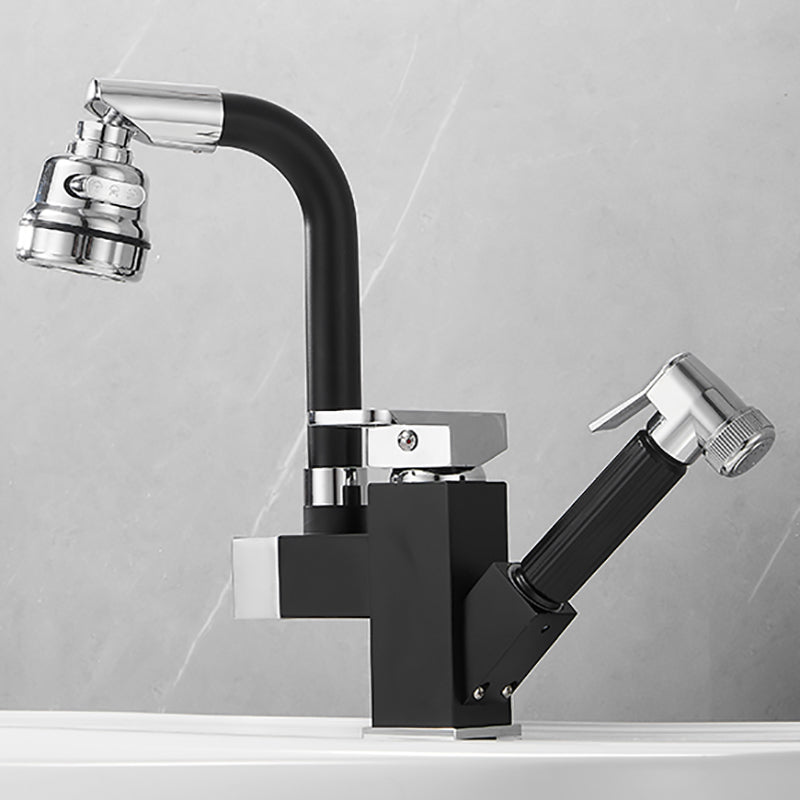 Luxury Vessel Sink Faucet Single Handle Swivel Spout with Side Spray Black/ Silver 10.6" Square Clearhalo 'Bathroom Remodel & Bathroom Fixtures' 'Bathroom Sink Faucets' 'Bathroom Sinks & Faucet Components' 'bathroom_sink_faucets' 'Home Improvement' 'home_improvement' 'home_improvement_bathroom_sink_faucets' 7132954