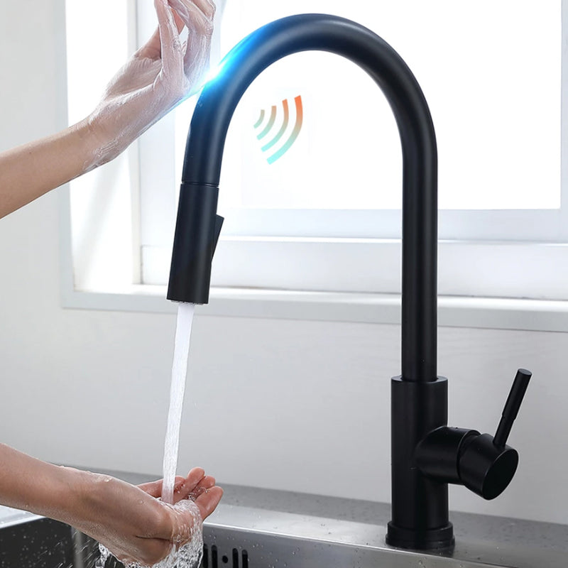 Kitchen Bar Faucet Swivel Spout Gooseneck Touch Sensor Faucet with Pull Down Sprayer Black Touch Clearhalo 'Home Improvement' 'home_improvement' 'home_improvement_kitchen_faucets' 'Kitchen Faucets' 'Kitchen Remodel & Kitchen Fixtures' 'Kitchen Sinks & Faucet Components' 'kitchen_faucets' 7132973