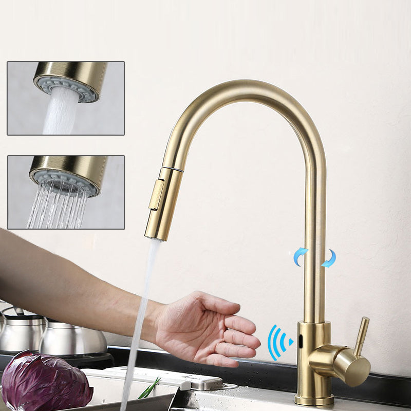 Kitchen Bar Faucet Swivel Spout Gooseneck Touch Sensor Faucet with Pull Down Sprayer Gold Touchless Clearhalo 'Home Improvement' 'home_improvement' 'home_improvement_kitchen_faucets' 'Kitchen Faucets' 'Kitchen Remodel & Kitchen Fixtures' 'Kitchen Sinks & Faucet Components' 'kitchen_faucets' 7132981