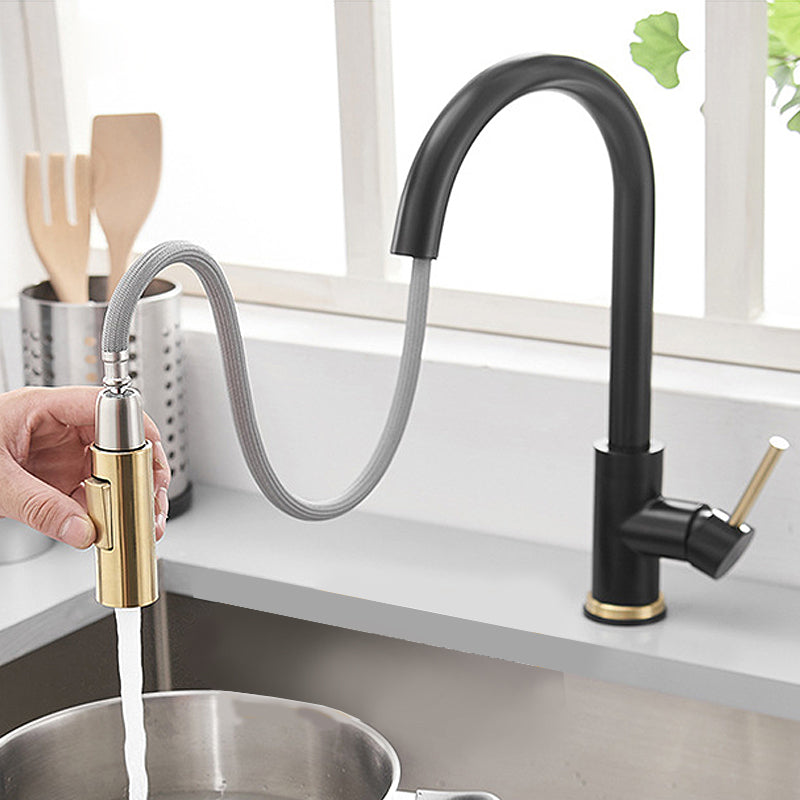 Kitchen Bar Faucet Swivel Spout Gooseneck Touch Sensor Faucet with Pull Down Sprayer Black/ Gold No Sensor Clearhalo 'Home Improvement' 'home_improvement' 'home_improvement_kitchen_faucets' 'Kitchen Faucets' 'Kitchen Remodel & Kitchen Fixtures' 'Kitchen Sinks & Faucet Components' 'kitchen_faucets' 7132989