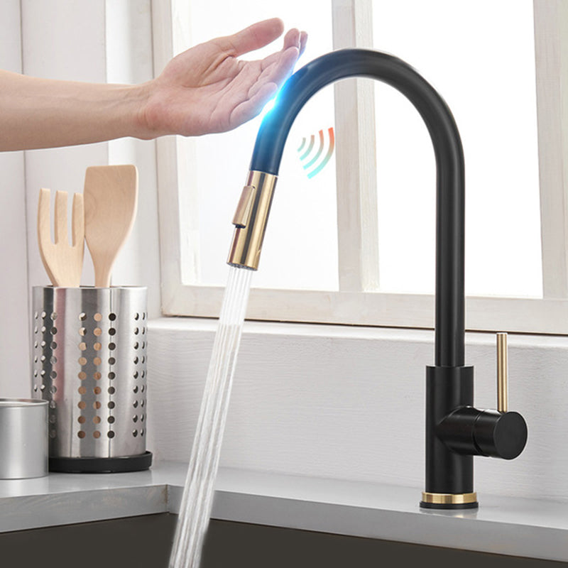 Kitchen Bar Faucet Swivel Spout Gooseneck Touch Sensor Faucet with Pull Down Sprayer Black/ Gold Touch Clearhalo 'Home Improvement' 'home_improvement' 'home_improvement_kitchen_faucets' 'Kitchen Faucets' 'Kitchen Remodel & Kitchen Fixtures' 'Kitchen Sinks & Faucet Components' 'kitchen_faucets' 7132991