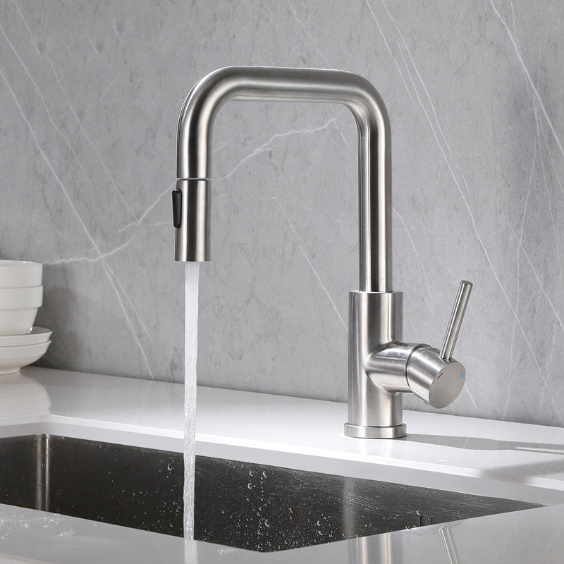 Kitchen Faucet Lever Handle Pull-out Single Hole Brass Faucet Silver Clearhalo 'Home Improvement' 'home_improvement' 'home_improvement_kitchen_faucets' 'Kitchen Faucets' 'Kitchen Remodel & Kitchen Fixtures' 'Kitchen Sinks & Faucet Components' 'kitchen_faucets' 7133102