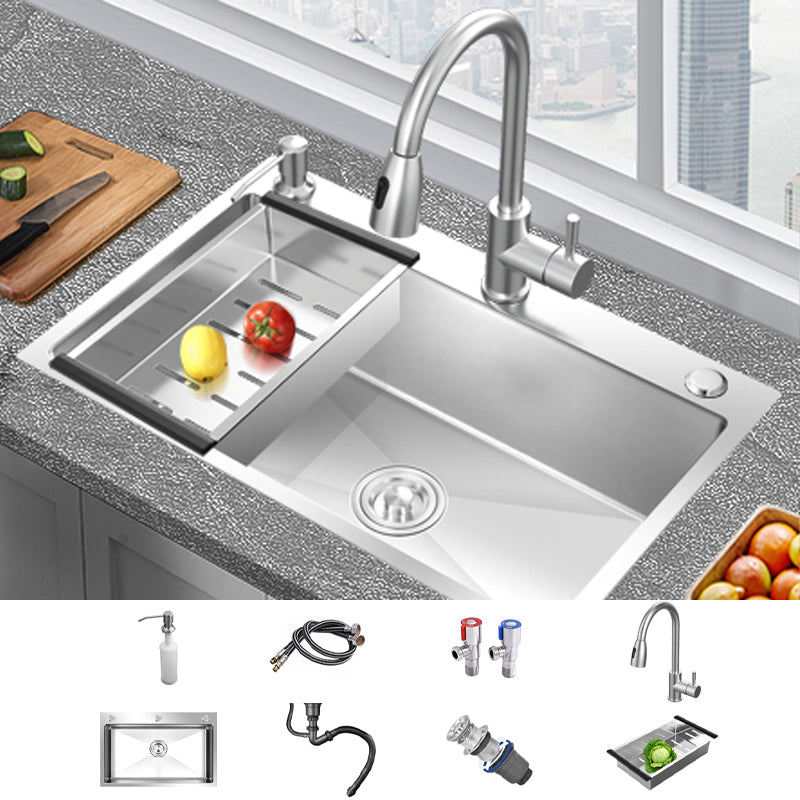 Modern Style Kitchen Sink Overflow Hole Design Drop-In Kitchen Sink with Soundproofing Sink with Faucet Pull Out Faucet Clearhalo 'Home Improvement' 'home_improvement' 'home_improvement_kitchen_sinks' 'Kitchen Remodel & Kitchen Fixtures' 'Kitchen Sinks & Faucet Components' 'Kitchen Sinks' 'kitchen_sinks' 7133456