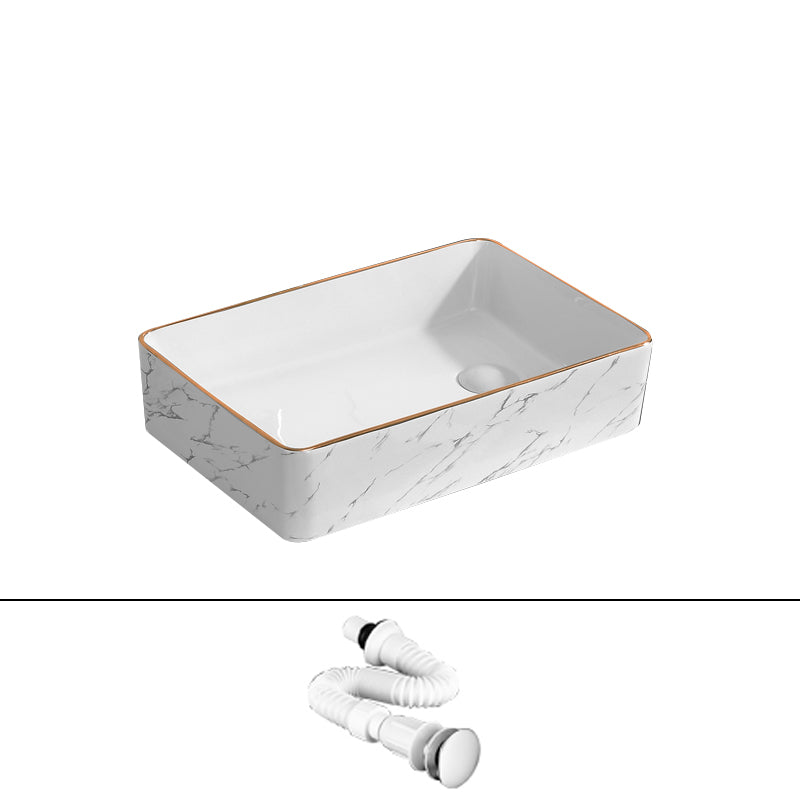 Traditional Vessel Bathroom Sink Rectangular Porcelain with Pop-Up Drain Vessel 20"L x 13"W x 4"H White/ Gold Sink Clearhalo 'Bathroom Remodel & Bathroom Fixtures' 'Bathroom Sinks & Faucet Components' 'Bathroom Sinks' 'bathroom_sink' 'Home Improvement' 'home_improvement' 'home_improvement_bathroom_sink' 7133513