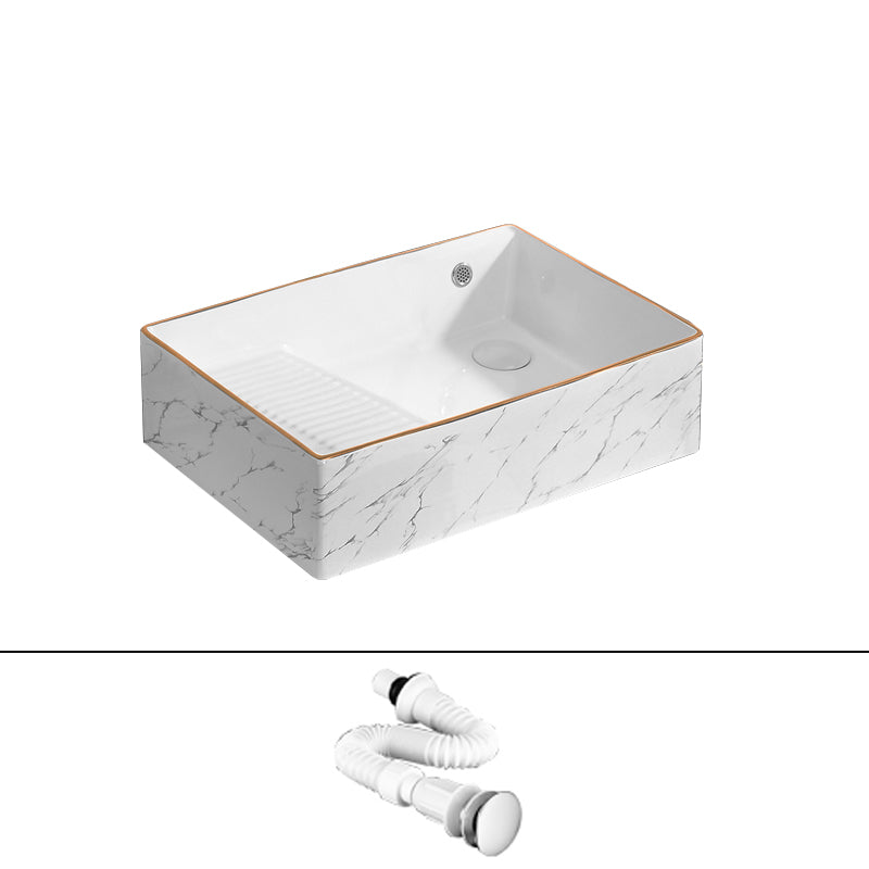 Traditional Vessel Bathroom Sink Rectangular Porcelain with Pop-Up Drain Vessel 22"L x 15"W x 6"H White/ Gold Sink Clearhalo 'Bathroom Remodel & Bathroom Fixtures' 'Bathroom Sinks & Faucet Components' 'Bathroom Sinks' 'bathroom_sink' 'Home Improvement' 'home_improvement' 'home_improvement_bathroom_sink' 7133525