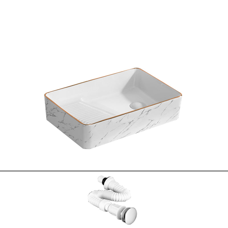 Traditional Vessel Bathroom Sink Rectangular Porcelain with Pop-Up Drain Vessel 20"L x 13"W x 5"H White/ Gold Sink Clearhalo 'Bathroom Remodel & Bathroom Fixtures' 'Bathroom Sinks & Faucet Components' 'Bathroom Sinks' 'bathroom_sink' 'Home Improvement' 'home_improvement' 'home_improvement_bathroom_sink' 7133530
