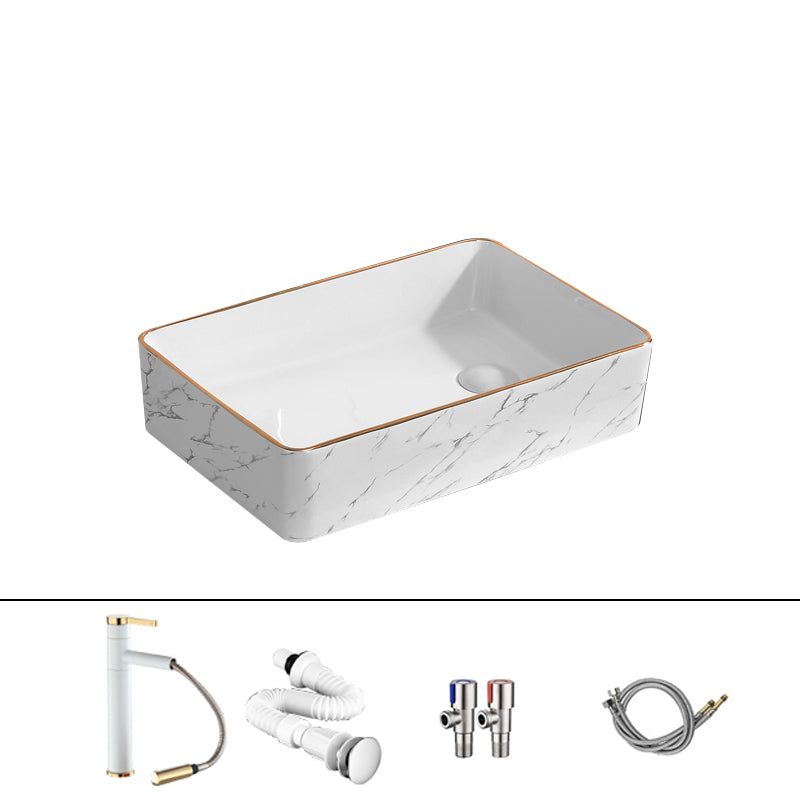 Traditional Vessel Bathroom Sink Rectangular Porcelain with Pop-Up Drain Vessel 20"L x 13"W x 4"H White/ Gold Sink with Faucet Clearhalo 'Bathroom Remodel & Bathroom Fixtures' 'Bathroom Sinks & Faucet Components' 'Bathroom Sinks' 'bathroom_sink' 'Home Improvement' 'home_improvement' 'home_improvement_bathroom_sink' 7133533
