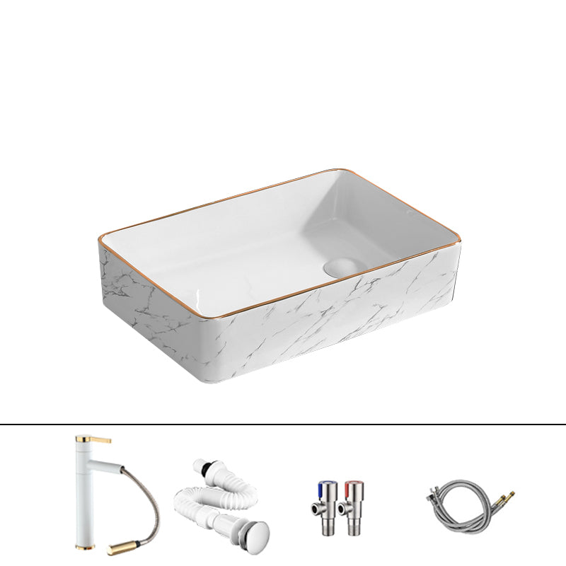 Traditional Vessel Bathroom Sink Rectangular Porcelain with Pop-Up Drain Vessel 20"L x 13"W x 4"H White Gold Sink with Faucet Clearhalo 'Bathroom Remodel & Bathroom Fixtures' 'Bathroom Sinks & Faucet Components' 'Bathroom Sinks' 'bathroom_sink' 'Home Improvement' 'home_improvement' 'home_improvement_bathroom_sink' 7133533