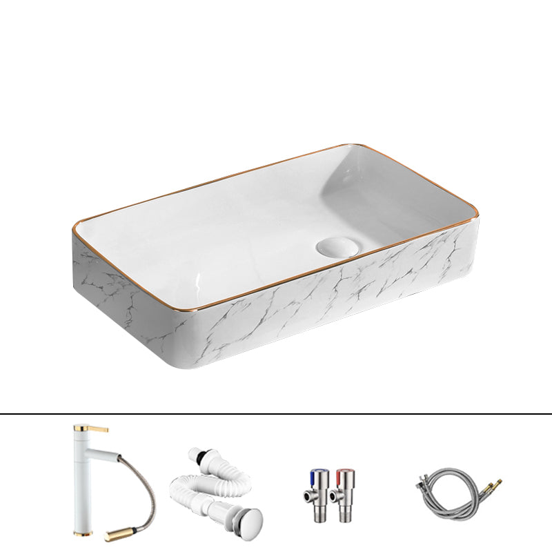 Traditional Vessel Bathroom Sink Rectangular Porcelain with Pop-Up Drain Vessel 24"L x 13.4"W x 4.3"H White/ Gold Sink with Faucet Clearhalo 'Bathroom Remodel & Bathroom Fixtures' 'Bathroom Sinks & Faucet Components' 'Bathroom Sinks' 'bathroom_sink' 'Home Improvement' 'home_improvement' 'home_improvement_bathroom_sink' 7133537