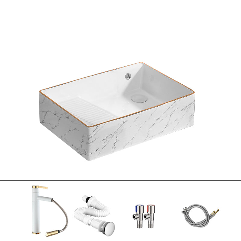 Traditional Vessel Bathroom Sink Rectangular Porcelain with Pop-Up Drain Vessel 22"L x 15"W x 6"H White/ Gold Sink with Faucet Clearhalo 'Bathroom Remodel & Bathroom Fixtures' 'Bathroom Sinks & Faucet Components' 'Bathroom Sinks' 'bathroom_sink' 'Home Improvement' 'home_improvement' 'home_improvement_bathroom_sink' 7133539