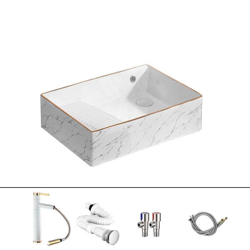 Traditional Vessel Bathroom Sink Rectangular Porcelain with Pop-Up Drain Vessel 22"L x 15"W x 6"H White Gold Sink with Faucet Clearhalo 'Bathroom Remodel & Bathroom Fixtures' 'Bathroom Sinks & Faucet Components' 'Bathroom Sinks' 'bathroom_sink' 'Home Improvement' 'home_improvement' 'home_improvement_bathroom_sink' 7133539