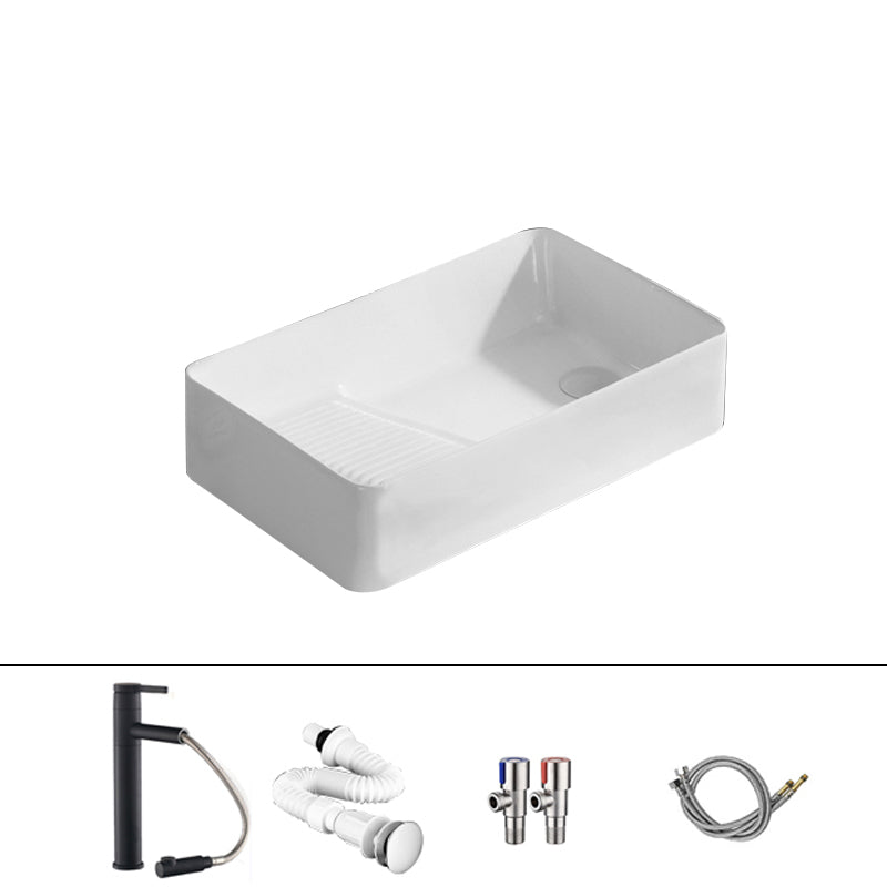 Traditional Vessel Bathroom Sink Rectangular Porcelain with Pop-Up Drain Vessel 22"L x 13"W x 5"H White Sink with Faucet Clearhalo 'Bathroom Remodel & Bathroom Fixtures' 'Bathroom Sinks & Faucet Components' 'Bathroom Sinks' 'bathroom_sink' 'Home Improvement' 'home_improvement' 'home_improvement_bathroom_sink' 7133540